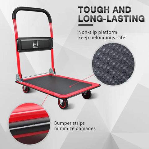 Heavy Duty Foldable Moving Dolly Flat Cart With Padded Grip Handle 330 Pound Capacity Compact Rolling Platform Designed Tough For Home Garage Hauling And No Sweat Moves