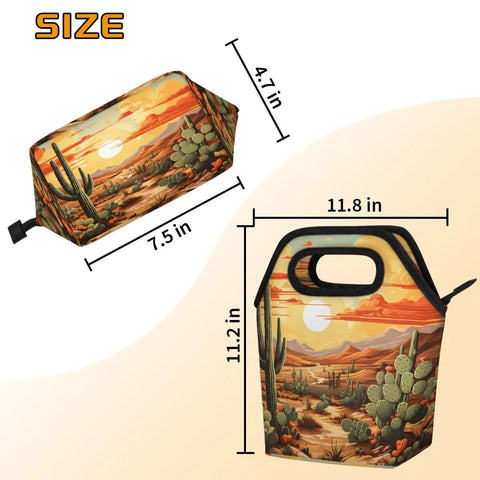 Desert Landscape Cactus Themed Insulated Lunch Bag Go To Lunch Tote For Work Or Picnic, showcasing dimensions and design