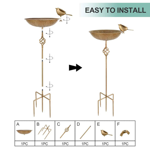 Disassembled and assembled view of Outdoor Metal Bird Bath With 27.6 Inch Stand Five Prongs Base Stake Freestanding Bird Feeder.
