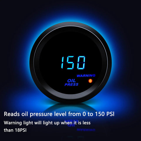 MAIMEIMI 2-inch, 52mm oil pressure gauge with sender kit, black bezel, digital blue LED display for 12V car