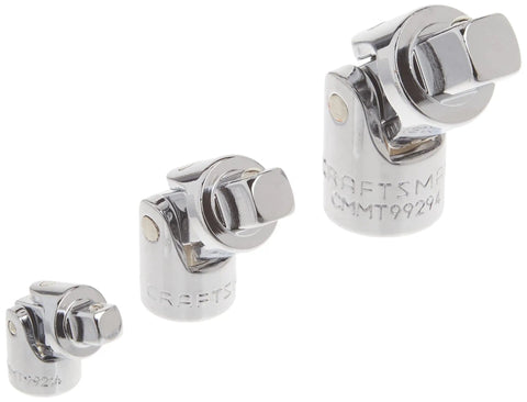 3-piece universal joint socket set with chrome finish, showing large size markings and corrosion resistant features