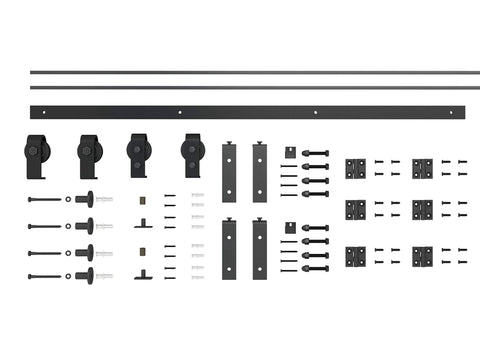 Heavy Duty Bi-Fold Barn Door Hardware Kit For Four Doors With Side Mounted Rollers, 51 Inch Beefy Steel Track, Parts Layout