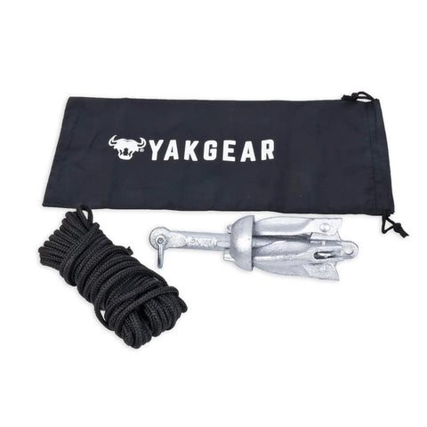 Heavy Duty Kayak Fishing Storage Crate With Double Rod Holder Accessory Pouch Anchor Kit Utility Leashes For Hella Solid Paddle Craft Organization And Fishin Ready Angler Setup, grapnel anchor and rope in carrying bag.