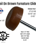 Brown Nail On Furniture Glides Pack Of 20 For Chairs And Tables In Multiple Sizes One Half Inch Five Eighths Inch Three Quarters Inch Seven Eighths Inch And One Inch Choose Your Size Easy Installation Flat Head Foot Pads, close-up view of glide with 1/2 inch diameter and nail visible.