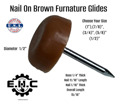 Brown Nail On Furniture Glides Pack Of 20 For Chairs And Tables In Multiple Sizes One Half Inch Five Eighths Inch Three Quarters Inch Seven Eighths Inch And One Inch Choose Your Size Easy Installation Flat Head Foot Pads, close-up view of glide with 1/2 inch diameter and nail visible.
