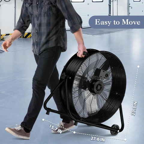 24 Inch Industrial Drum Fan With High Velocity Airflow, Heavy Duty Metal Air Circulator, 3 Speed Settings, person moving fan