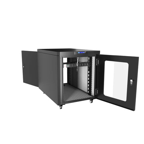 Heavy Duty 12U Soundproof Server Rack Cabinet With 35 Inch Depth And Beast Mode Cooling Fans, open view showing interior.
