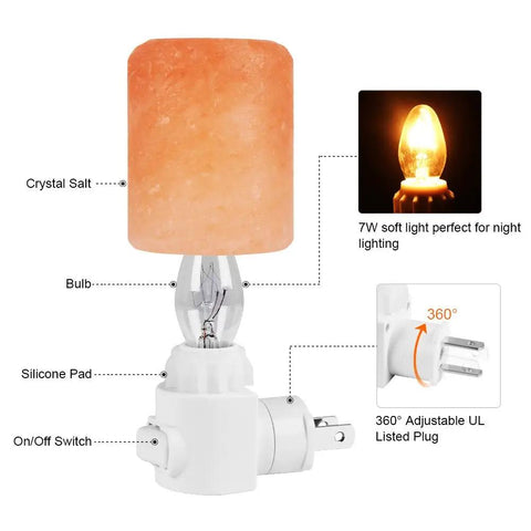 Two Pack Himalayan Salt Lamps Natural Crystal Glow Hand Carved Night Lights For Wall Or Desk, UL Listed Plug In shown with bulb and plug