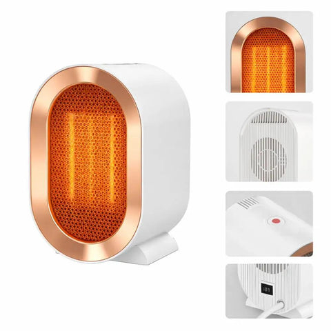 White Retro Mini Electric Space Heater with USA Plug and Play 1200W Fast Heating Ceramic Heater featuring front and side details