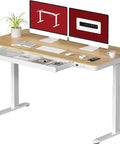 Electric Height Adjustable Standing Desk With Built In Drawer Smooth Motor Lift And Generous Workstation Surface For Home Office with dual monitors.