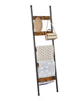 Killer 5-Tier Blanket Ladder With Heavy Duty Hooks, Wall-Leaning Towel Rack For Living Room And Bedroom, Rustic Industrial Decor Organizer For Scarves And Blankets displaying hats and folded blankets.