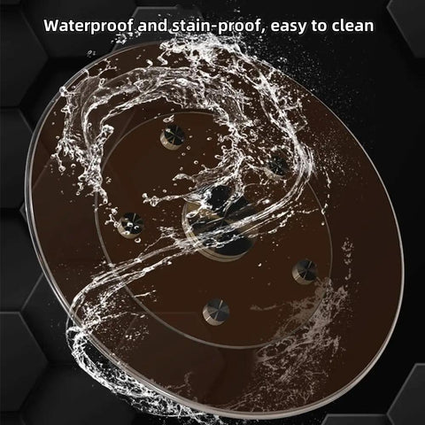 Top Tier Tempered Glass Lazy Susan Rotating Kitchen Turntable Featuring 360 Degree Slick Spin showcased with water for easy cleaning.