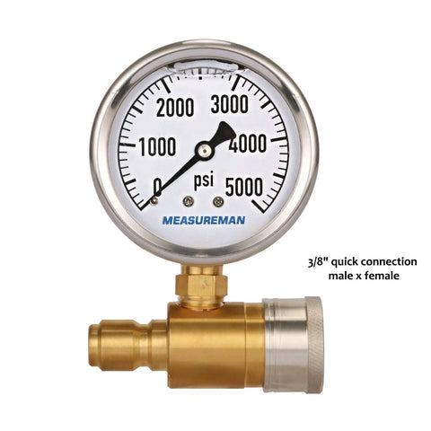 Pro Grade Pressure Washer Gauge Kit With Three Eighths Inch Quick Connect Glycerin Filled Dial 0-5000 PSI Brass Quick Connector