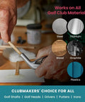 Man applying fast cure golf epoxy for quick club repairs on steel golf club in workshop, emphasizes versatile material bonding.