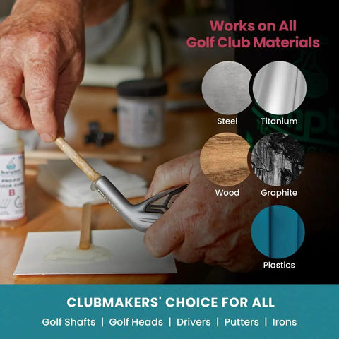 Man applying fast cure golf epoxy for quick club repairs on steel golf club in workshop, emphasizes versatile material bonding.