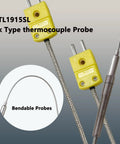 Two TL1915SL K-Type thermocouple probes with braided stainless-steel cables and yellow connectors (front view)