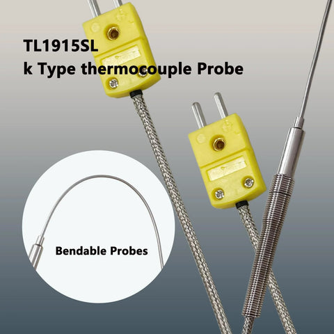 Two TL1915SL K-Type thermocouple probes with braided stainless-steel cables and yellow connectors (front view)