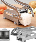 Manual stainless steel French fries cutter with grid blade for potatoes, carrots, and cucumbers.