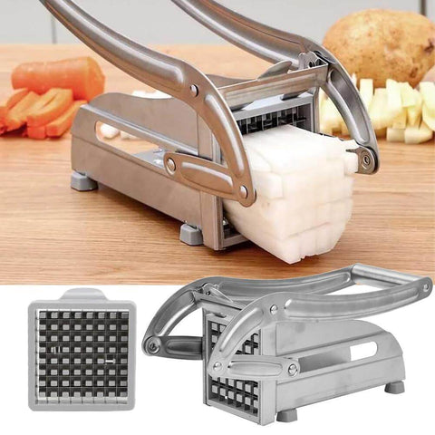 Manual stainless steel French fries cutter with grid blade for potatoes, carrots, and cucumbers.
