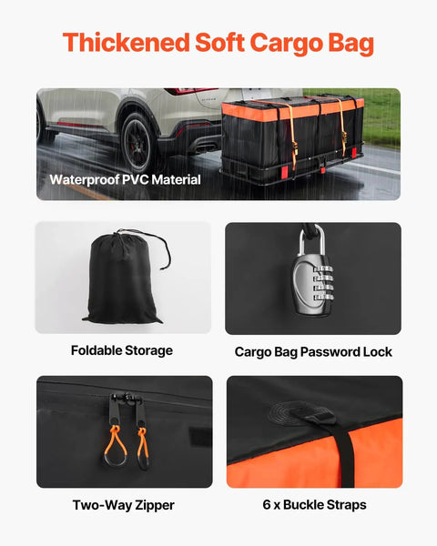 Foldable Hitch Carrier 60x24x6 Inch With 500lb Capacity shown with waterproof bag, two-way zipper, lock, and buckle straps for SUV