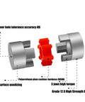 Heavy Duty Flexible Plum Jaw Coupler For Cnc Motors, aluminum and polyurethane, showcasing inner hole tolerance and design details.