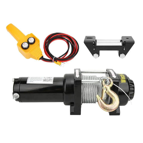 Heavy Duty 12 Volt Electric Winch With 4500 Lb Pulling Capacity, featuring black steel design and wireless remote for towing.