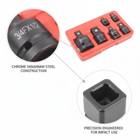 Huge 6-Piece Drive Socket Adapter Set Made Of Chrome Vanadium Steel Lets You Hook Your Impact Wrench To Any Standard Socket Kit Plus Storage Box For Gnarly Automotive Repairs And Heavy Duty Bolts. 6-piece chrome vanadium impact socket adapter set in red storage case
