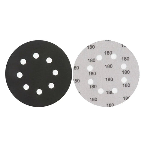 Grab 200 Count Of These Killer 5 Inch Sanding Discs With 8 Holes For Your Orbital Sander, showing black and white 5 inch discs.