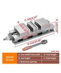 Heavy Duty Machine Vise Featuring Rock Solid Flat Nose Jaws Six Inch Double Opening Bench Clamp shown with dimensions for CNC precision work.