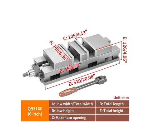 Heavy Duty Machine Vise Featuring Rock Solid Flat Nose Jaws Six Inch Double Opening Bench Clamp shown with dimensions for CNC precision work.