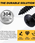 Close-up of 100 Pack Size Six Black Truss Head Self Tapping Screws For Wood Sheet Metal And Plastic Stainless Steel 304 Rust Resistant