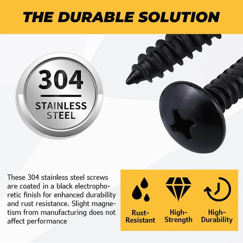 Close-up of 100 Pack Size Six Black Truss Head Self Tapping Screws For Wood Sheet Metal And Plastic Stainless Steel 304 Rust Resistant