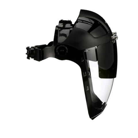 Side view of Lightweight Face Shield With High Impact Crown And Ratchet Headgear For Work Sites Grinding Plasma And Flame Cutting ANSI Z87.1