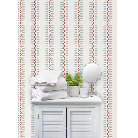 Top Shelf Vinyl Wallpaper Featuring Subtle Leather Grain And Eclectic Funky Patterns Paste The Wall Setup For Offices Hotels And Commercial Hangouts Ridiculously Durable Commercial Grade Wall Covering Custom Printed in a bathroom setting with towels and decor.
