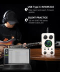 Musician using All In One Drum Looper And Guitar Pedal with hundred memory slots and editor software on a laptop screen.