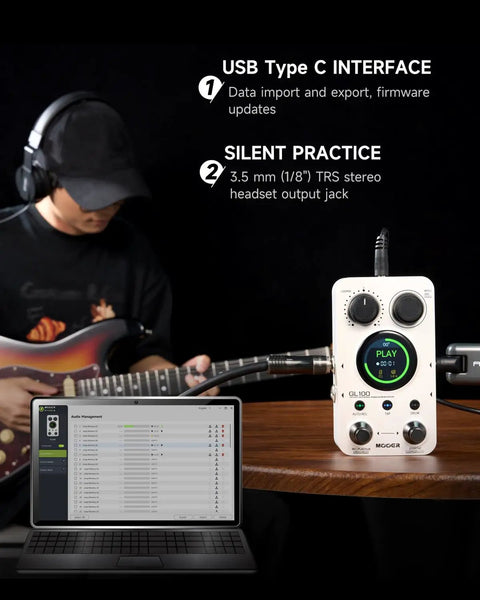 Musician using All In One Drum Looper And Guitar Pedal with hundred memory slots and editor software on a laptop screen.