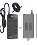 Rock Solid Flat Plug Surge Protector Power Strip With Eight AC Outlets And Four USB Charging Ports Including Type C Fast Charge 6 Foot Heavy Duty Extension Cord with dimensions