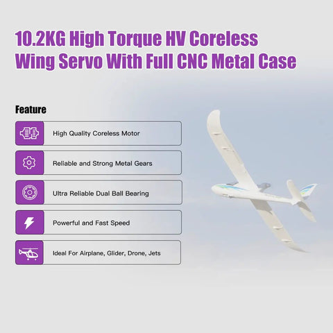 Heavy Duty Digital High Torque Micro Wing Servo Pumping Out A Serious Eleven Point Four Kilogram Pull With Brushless High Performance Motor Action Plus Tough Cnc Aluminum Housing Built For Wild Rc Car Swaps features 10.2kg high torque, coreless motor and CNC metal case.
