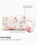 Cozy Floral Nap Mat With Pillow And Blanket For Toddlers Ages 3 Plus in daycare, rolled up with name pocket and fastener.