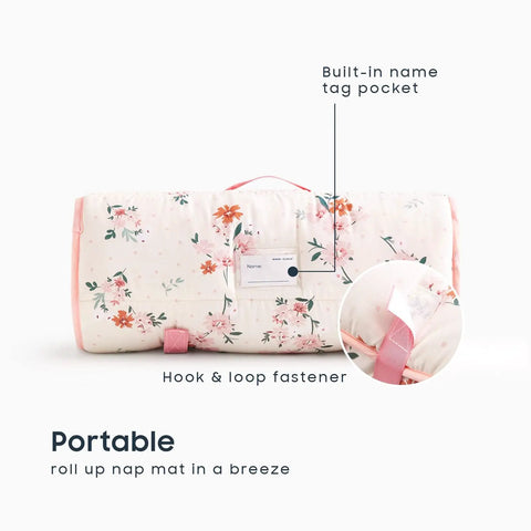 Cozy Floral Nap Mat With Pillow And Blanket For Toddlers Ages 3 Plus in daycare, rolled up with name pocket and fastener.