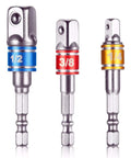 Turns Your Drill Into a High Speed Nut Driver With This Impact Grade Socket Adapter Set 1/4 To 1/2 Inch Drive Includes 1/4 3/8 1/2 Inch Adapters With 1/4 Inch Hex Shank Cr-V Construction Spring-Loaded Ball Bearing Quick Change, showing front view of socket adapters with color-coded bands.