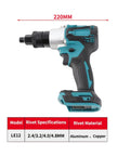 Side view of Beefed Up Brushless Electric Rivet Nut Tool Kit With Automatic Riveter Head Set M3 M4 M5 for metal use, 220mm length