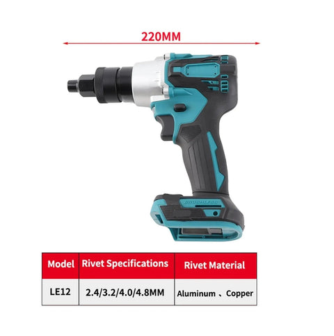 Side view of Beefed Up Brushless Electric Rivet Nut Tool Kit With Automatic Riveter Head Set M3 M4 M5 for metal use, 220mm length