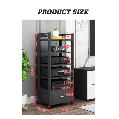 Five Tier AV Media Rack With Drawers Wooden Corner Frame Cabinet and Stereo Stand for Home Office and Studio Gear Multi Functional Storage for Printer Scanner Fax Machine Style 3 60x40x120 cm, black