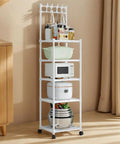 The Real Deal Five Tier Storage Rack Heavy Duty Metal Shelving Unit With Smooth Rolling Casters Rust Resistant Black Finish Built Tough For Zero Hassle Garage And Versatile Organization with kitchen items.