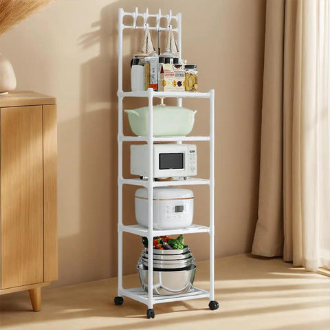 The Real Deal Five Tier Storage Rack Heavy Duty Metal Shelving Unit With Smooth Rolling Casters Rust Resistant Black Finish Built Tough For Zero Hassle Garage And Versatile Organization with kitchen items.