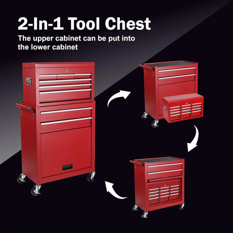 Rock Solid Heavy Duty Steel Tool Chest With 8 Deep Drawers And Rollin Locking Wheels Detachable Top Liner Side Hooks Hella Sturdy Garage Storage Cart In Red showing detachable upper and lower cabinets.