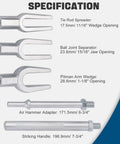 5 Piece Ball Joint Separator Tool Set Pickle Fork Kit For Cars And Light Trucks With Ball Joint, Tie Rod, And Pitman Arm Pro Grade Heavy Duty Forged Steel Chrome Plated Knurled Handles shown with detailed specifications