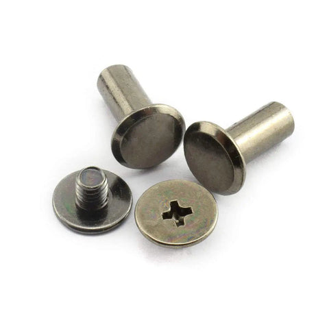 Pack Of 50 Black Chicago Screws Phillips Drive Binding Bolts Copper Plated Steel Rivets for Leather Crafting and Bookbinding, showing front and side view.
