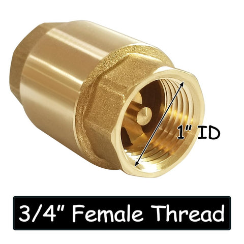 Brass 3/4-inch NPT inline spring check valve with female thread for backflow prevention